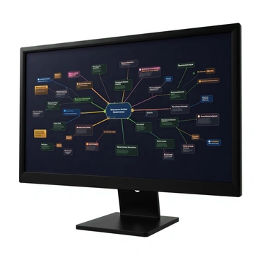 A large digital screen displaying a mind map filled with interconnected ideas. The mind map features human-generated concepts represented by colorful nodes and lines, while AI-generated concepts are depicted with sleek, modern nodes in a contrasting color. Each idea is labeled clearly with distinct typography. The background of the screen is dark to enhance visibility. The overall layout is organized and dynamic, showcasing a blend of human creativity and artificial intelligence collaboration.