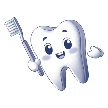 A cartoon tooth with a big smile, holding a toothbrush in one hand