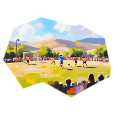 A rural soccer field is situated in the midst of expansive green fields and rolling hills. The scene captures a local game in progress, with players wearing brightly colored jerseys engaged in spirited play. On one side of the field, a group of players is sprinting towards the goal, while on the opposite side, their opponents are positioned to defend. Spectators are gathered along the sidelines, cheering enthusiastically. In the background, the hills rise gently against a clear blue sky, and the vibrant colors of the surrounding landscape enhance the lively atmosphere of the game.