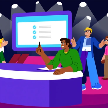 A contestant is positioned in front of a large digital screen, holding a stylus in one hand. The screen displays a bright interface, showing a question with multiple choice options. The contestant has deep-set eyes and furrowed brows, indicating intense concentration. Their other hand rests on the table, gripping the edge firmly. Surrounding them are studio lights that illuminate the scene, casting soft shadows. The atmosphere is charged with anticipation as the audience watches closely.