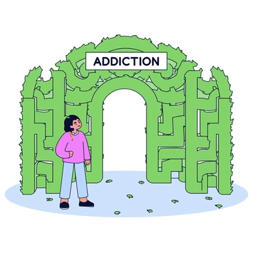 A person standing at the entrance of a complex maze shaped like a labyrinth. The maze is tall and made of green hedges, intricately woven to create a challenging pathway. Above the entrance, there is a sign that reads "Addiction" in bold letters. The person is looking up at the sign, dressed in casual clothing, with a thoughtful expression on their face. The ground surrounding the entrance is covered in small pebbles, and there are a few scattered leaves.