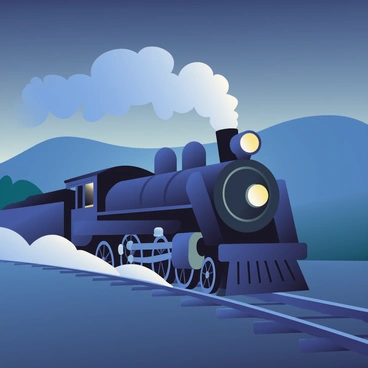 An old steam train is traveling through a misty valley under a dark midnight sky. The train's black exterior gleams subtly in the dim light, and puffs of white steam billow from its smokestack, merging with the surrounding fog. The faint outline of rolling hills is visible in the background, shrouded in mist. The train's bright headlights cut through the darkness, illuminating the path ahead. Wisps of fog curl around the train's wheels as it moves along the tracks, creating an atmospheric scene of nostalgia and adventure.