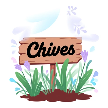 A wooden sign labeled "Chives" is positioned upright in the soil of a vibrant herb garden. The sign is weathered, showing the texture of the wood with rustic charm. Surrounding the sign are lush green chive plants with slender, tall stems and delicate purple flowers peeking out among the foliage. Various other herbs, like basil and parsley, are visible in the background, adding diversity to the garden. Soft sunlight filters through the leaves above, creating gentle shadows on the ground.