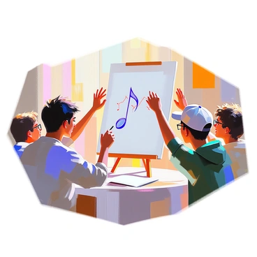 A player with short dark hair is sketching a large musical note on a piece of paper, concentrating on their drawing. The sketch is being made in a well-lit room filled with excitement. Around the player, three teammates are leaning forward with expressions of curiosity and anticipation as they try to guess the word "music." Each teammate is displaying a unique style; one has curly hair and is wearing a blue shirt, another has glasses and is wearing a green hoodie, and the third is sporting a baseball cap. The atmosphere is lively, with hands raised and a sense of teamwork in the air.