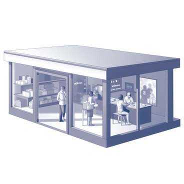 A community center with a large, welcoming entrance. The building has a flat roof and multiple windows that allow light to pour in. There are people gathered inside, some sitting on benches while others are interacting with one another, creating a sense of togetherness. The storm is visible outside through the windows, with heavy rain and wind creating a dramatic backdrop. Shelves are stocked with supplies, and volunteers are assisting residents, distributing food and blankets. "Welcome" signs are displayed prominently, and the atmosphere conveys a sense of safety amidst the chaos outside.