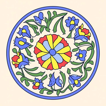 A mosaic artwork featuring vibrant, colorful tiles arranged in intricate floral and geometric patterns. The tiles display a variety of hues, including deep blues, greens, warm yellows, and rich reds. The floral patterns consist of swirling vines and blooming flowers, while the geometric patterns incorporate repeating shapes and lines. The overall composition is harmonious, with the tiles fitted closely together to create a unified piece. The background of the mosaic is a subtle cream color, allowing the bright tiles to stand out prominently.