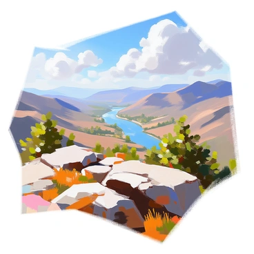 A scenic view from a mountain peak showcasing an expansive valley below. The mountain peak is rugged and rocky, with patches of green vegetation clinging to the surfaces. In the distance, a winding river snakes through the valley, reflecting the blue sky above. Rolling hills and clusters of trees dot the landscape, creating a sense of depth and distance. Fluffy white clouds drift lazily across the sky, providing a contrast to the vibrant greens and earthy browns of the valley. The sunlight casts shadows across the terrain, adding texture to the scene.