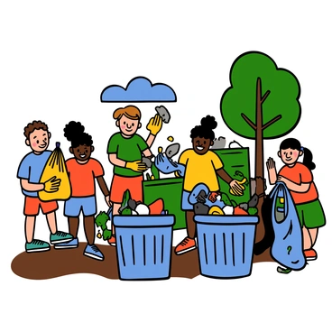 A group of diverse children with varying skin tones and hairstyles are actively participating in a community cleanup event. They are wearing colorful t-shirts and shorts, holding gloves and trash bags filled with litter. Some children are picking up trash from the ground, while others are sorting recyclable materials into separate bins. The scene captures their engaged expressions, showing determination and teamwork. Nearby, there is a park with trees and a clear blue sky, adding to the atmosphere of community spirit and collaboration.