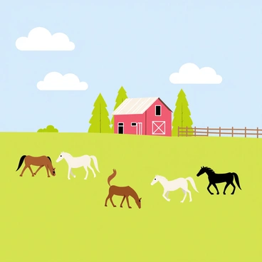A wide grassy field under a bright blue sky dotted with fluffy white clouds. In the foreground, several horses are grazing peacefully, showcasing a mix of colors including brown, black, and white. In the background, a rustic red barn with a slanted roof stands surrounded by tall green trees. A wooden fence lines the edge of the field, adding to the pastoral atmosphere.