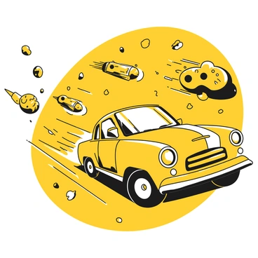 A cartoon-style car with exaggerated features and a shiny body is racing through a cosmic landscape. The car has large, cartoonish wheels and a smiling face on its front. In the background, several spaceships are chasing the car, each with unique shapes and designs. Asteroids of various sizes and textures float around, some close to the car, adding to the sense of excitement. The scene is dynamic, capturing the action as the car speeds ahead with a trail of motion lines behind it.