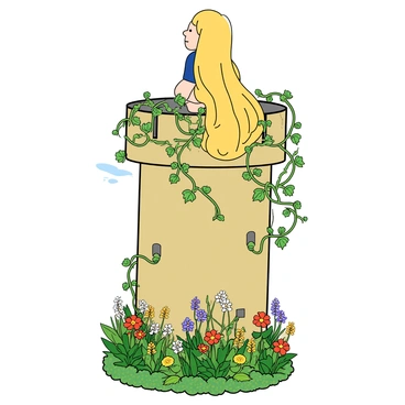 A young woman with long, flowing golden hair cascading down her back is standing in a tower. Her hair is intertwined with vibrant green vines and colorful flowers that are spilling over the edge of the tower. Below, a lush garden is visible, filled with various plants and flowers in bloom. The scene captures the delicate connection between her hair and the garden, with bright blossoms and lush greenery accentuating the beauty of the tower setting. A gentle breeze is causing the flowers to sway slightly, creating a dynamic interaction between the hair and the plants.
