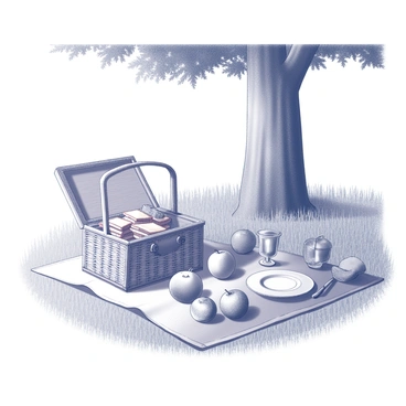 A picnic scene set in a grassy area under a large tree. A woven picnic basket is placed open on a blanket, showcasing assorted brisket sandwiches stacked neatly. Surrounding the basket are various fruits, including apples and oranges, arranged artfully. A few drinks, served in clear glasses, are positioned nearby, catching the light. In the background, the sun casts soft shadows, and small details such as a picnic knife and a plate are visible on the blanket.