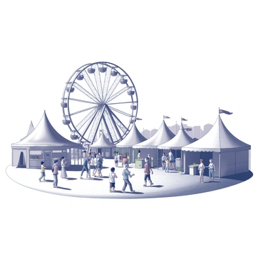 A vibrant carnival scene filled with activity. A large ferris wheel stands prominently in the background, its structure detailed with numerous passenger cabins. Surrounding the ferris wheel are several tents, each with distinct shapes and varied designs. People are seen walking around, some engaged in games and others enjoying food from nearby stalls. There are groups of children laughing and playing, while colorful banners flutter in the breeze, adding to the festive atmosphere. The ground is bustling with visitors, creating a dynamic and lively environment.