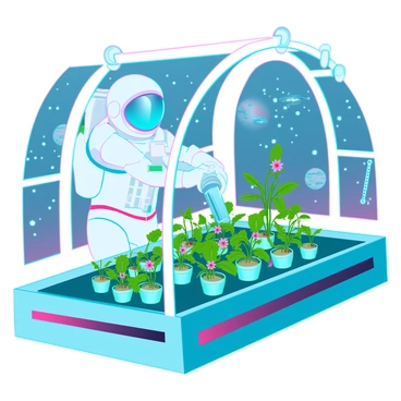 An astronaut wearing a white space suit with a reflective visor is tending to a variety of plants in a greenhouse aboard a space station. The greenhouse is filled with vibrant green plants of different shapes and sizes, some with colorful flowers. The astronaut is gently watering the plants using a transparent container, while floating tools and equipment are suspended nearby in zero gravity. The background showcases large windows revealing a view of distant stars and planets, emphasizing the isolation of the space environment while highlighting the thriving life within the greenhouse.