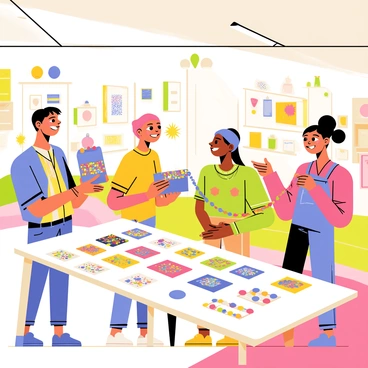 A vibrant workshop scene featuring several craft enthusiasts engaged in trading beads. The workshop is filled with tables displaying an array of colorful beads in various shapes and sizes, including round, square, and star-shaped beads. Enthusiasts, both male and female, are smiling as they interact with each other, showcasing their unique bead collections. One person holds a small box filled with sparkling beads while another enthusiast examines a colorful string of beads. The walls of the workshop are adorned with handmade crafts and decorations, creating a lively atmosphere. Bright overhead lights illuminate the scene, highlighting the vivid colors of the beads.