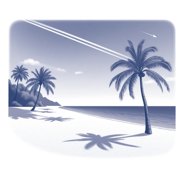 A tropical beach scene with soft, white sand stretching across the landscape. Palm trees sway gently in the breeze, casting long shadows on the ground. In the sky above, there is a prominent, white jet trail that cuts across the expanse. The background features a vast azure sky, with a few wispy clouds scattered throughout. The ocean is visible in the distance, gently lapping at the shore.
