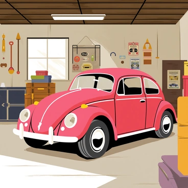 A retro VW Beetle in a vibrant red color is parked inside a cluttered garage. The garage has a concrete floor and is filled with various nostalgic items, including old license plates, rusty tools hanging on the walls, and a stack of vintage suitcases in one corner. Sunlight streams through a small window, illuminating the dusty air. There are posters of classic cars and advertisements pinned to the walls, adding a sense of history to the space. The Beetle's shiny chrome bumpers and round headlights stand out amidst the clutter, creating a focal point in the scene.