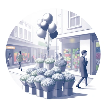 A flower stand filled with various types of flowers, arranged in neat bundles. The stand is adorned with an assortment of balloons, including round and heart-shaped ones, some floating above the stand. The street is busy with pedestrians walking by, some glancing at the flowers. Nearby, a couple of colorful storefronts are visible, adding to the lively atmosphere of the scene. The sunlight filters through the balloons, casting soft shadows on the ground.