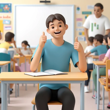 A student, wearing a blue t-shirt and black jeans, is sitting at a wooden desk in a classroom filled with colorful posters and educational materials. The student has short brown hair and is beaming with a big smile, showing enthusiasm. One hand is raised with a thumbs-up gesture, while the other hand is holding a pencil poised above a notebook filled with notes. Other students in the background are engaged in various activities, and there is a teacher standing by the whiteboard, overseeing the classroom.