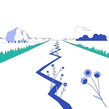 A country road stretches into the distance, bordered by lush green grass on either side. In the center, there is a long crack running along the asphalt. This crack is filled with a variety of wildflowers, which stand out with their distinct shapes and forms. Some flowers have slender stems while others are bushier, their petals appearing delicate and detailed. The road is framed by clusters of trees in the background, providing a sense of depth to the scene. The sky above is vast and open, creating an expansive feel to the setting.