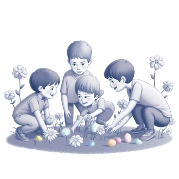 A group of children is exploring a garden filled with blooming flowers. The children, dressed in casual spring attire, are bending down and reaching under the vibrant blossoms. They are searching carefully for hidden eggs, which are scattered throughout the garden. The flowers have various shapes and sizes, some with large petals and others with delicate blossoms, creating a lively and dynamic scene. The children show expressions of joy and excitement as they discover the colorful eggs nestled among the greenery.