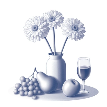 A still life composition centered around "ranunculus flowers" in a vase, showcasing their intricate layers and delicate petals. Surrounding the vase are "ripe fruit," including a cluster of "grapes," "a pear," and "a peach," artistically arranged on a textured surface. Next to the fruit, there is "a glass of wine" filled to the brim, reflecting soft light. The overall arrangement is balanced, with the flowers drawing attention to the vibrant fruit and the elegant glass, creating a harmonious visual interaction.