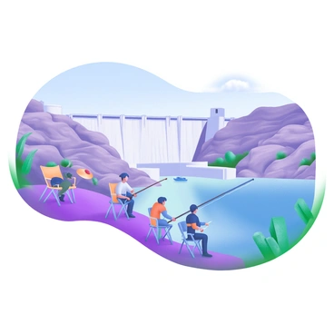 A picturesque scene showing a group of people fishing from the shore of "Lake Mead." The individuals are positioned along the rocky bank, with fishing rods in hand, and some are sitting on foldable chairs. In the background, the "Hoover Dam" is prominently visible, showcasing its massive concrete structure against the blue sky. The surface of the lake is calm, reflecting the sunlight, and there are a few small boats in the water. Sparse vegetation and rocks line the shore, adding to the natural ambiance of the scene.
