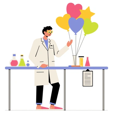 A scientist wearing a white lab coat and safety goggles stands at a stainless steel workbench in a laboratory. The scientist has short, dark hair and is focused on a cluster of balloons. There are balloons of various shapes, including round, star-shaped, and heart-shaped, in colors such as red, blue, yellow, and green. The balloons are floating in the air and some are tied to the edges of the workbench. Lab equipment, such as beakers and test tubes filled with colorful liquids, is arranged neatly around the scientist, adding to the experimentation atmosphere. A clipboard is placed next to the scientist, filled with notes and observations. Bright overhead lights illuminate the scene, highlighting the vibrant colors of the balloons.