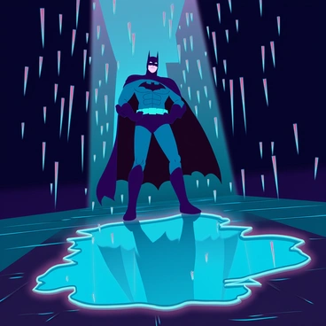 A dark alley in Gotham City, illuminated by flickering streetlights creating a moody atmosphere. Rain pours down heavily, pooling into a large, glistening puddle on the cobblestone street. The reflection in the puddle shows "Batman," a tall figure clad in a black cape and cowl, with a distinct bat symbol on his chest. The edges of the puddle ripple slightly, distorting the reflection, while raindrops create small splashes around it. Dark, shadowy buildings loom in the background, adding to the sense of depth and intrigue.