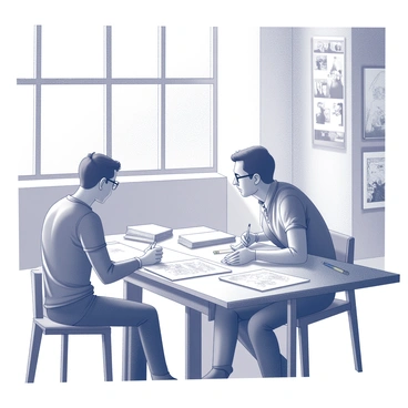 A mentor and a student are seated at a large wooden table in a creative studio. The mentor, a middle-aged individual with glasses, is leaning forward, gesturing towards a stack of illustrations spread out on the table. The student, a young person with a notebook in hand, is attentively listening. Various art supplies, including brushes and sketch pads, are scattered around the workspace. Large windows allow ample light to flood the room, illuminating the detailed artwork displayed on the walls. The atmosphere is focused and engaged, highlighting the exchange of ideas and feedback between the two.