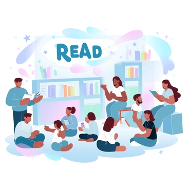 A vibrant street mural featuring a diverse group of people of various ages and backgrounds interacting with books. Several children are sitting on the ground, engrossed in colorful picture books, while an elderly man stands nearby, reading a novel. A young woman is perched on a stool, sharing a story with a group of teenagers who are listening attentively. In the background, there are large bookshelves painted on the wall, filled with oversized book spines in bright colors. Above them, "READ" is written in bold letters, surrounded by whimsical illustrations of flying books and stars. The overall scene is filled with gradient pastel colors that blend harmoniously.