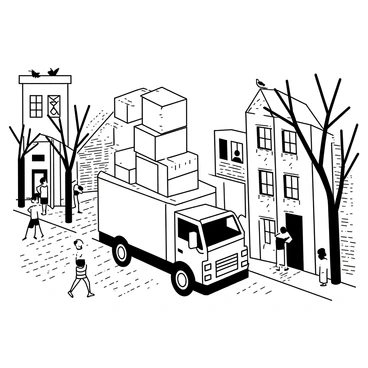 A large moving truck is parked on a cobblestone street in a historical district. The truck has a rectangular body and is covered with various cardboard boxes stacked neatly in the back. Surrounding the truck are old brick buildings with ornate facades and detailed architectural features. The ground is made of uneven cobblestones, leading to an inviting entrance of a quaint café nearby. Trees with thick trunks are lining the street, casting intricate shadows on the cobblestones. A few pedestrians can be seen walking by, dressed in casual attire, while some birds are perched on the buildings.