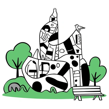 A large sculpture made entirely from recycled materials, showcasing intricate patterns and textures. The sculpture stands prominently in a green park, surrounded by trees and grass. Various recycled components such as metal scraps, plastic bottles, and old wood are creatively assembled to form an abstract shape. Nearby, a bench allows visitors to sit and admire the sculpture. A few birds are perched on the structure, adding a lively touch to the scene.