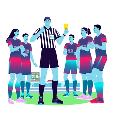 A referee with a stern expression is blowing a whistle, standing at the center of a vibrant sports field. He wears a black and white striped uniform, complete with a cap, and holds a yellow card in one hand. Surrounding him are several players dressed in colorful jerseys, some looking animated and gesturing as they discuss the call. The scene captures the intensity of the game, with a bright green field beneath them, and a scoreboard visible in the background showing the current score. The players have diverse hairstyles and body types, adding to the dynamic atmosphere of the match.