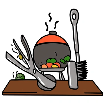 A shiny set of grill tools arranged on a wooden kitchen countertop. The tools include a pair of metal tongs with a polished finish, a flat spatula with a long handle, and a barbecue brush. Each tool glistens under the light, displaying its metallic sheen. The tongs are slightly open, the spatula is resting flat, and the brush is positioned upright, showcasing its bristles. The background features a blurred grill and some grilling ingredients, adding a sense of context to the scene.