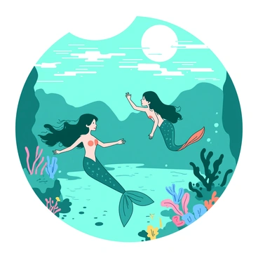 Two teal mermaids are swimming gracefully in a crystal-clear lagoon illuminated by moonlight. The surface of the water reflects the soft glow of the moon, creating shimmering patterns. One mermaid has long flowing hair that trails behind her, while the other has a bright orange tail that glistens as they move. Surrounding them are colorful corals and vibrant aquatic plants in the lagoon, gently moving with the current. Above the water, the full moon casts a silver light, enhancing the magical atmosphere of the scene.