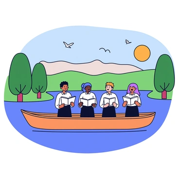 A group of singers in a choir is positioned on a boat. The boat has a simple wooden design with a smooth, polished surface. The choir members are wearing matching white shirts and black trousers. They are holding songbooks and appear to be engaged in singing together. The river has calm waters, reflecting the greenery from the banks. Lush trees line the riverside, and a few birds can be seen flying overhead. The sky is clear with a subtle gradient from blue to soft orange as the sun is setting in the background.