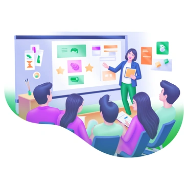 An illustrator stands in front of a classroom, gesturing enthusiastically while demonstrating techniques. The room is filled with students, all focused on a large screen displaying various artistic techniques. The screen shows colorful illustrations and examples of different styles. The illustrator has a sketchbook in hand and is wearing a casual outfit. Students are taking notes, with some leaning forward in their seats, captivated by the presentation. The walls of the classroom are adorned with art supplies and inspiration boards, creating a creative atmosphere.