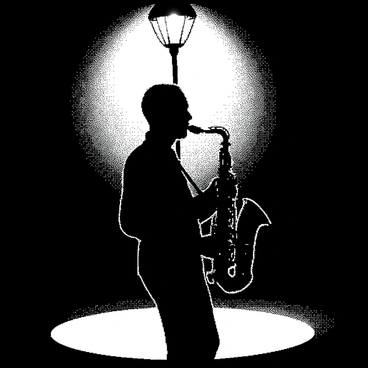 A silhouette of a musician is positioned under a streetlamp, playing a saxophone. The musician has an upright posture, with one hand holding the saxophone and the other hand delicately placed on the instrument’s keys. The streetlamp casts a circular pool of light around the musician, creating a stark contrast with the surrounding darkness. The saxophone is outlined distinctly against the light, showcasing its elegant shape and curves. The scene captures the sense of a quiet night, with the silhouette sharply defined against the soft glow of the lamp.