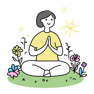 A person practicing yoga in a garden filled with various plants and flowers. The individual is in a serene pose, wearing a simple light-colored outfit. The dawn light casts soft shadows, illuminating the garden with a gentle glow. Morning dew glistens on green grass beneath the person's feet. Nearby, a few colorful flowers bloom, adding a touch of vibrancy to the scene. The background features silhouettes of trees against the softly lit sky.