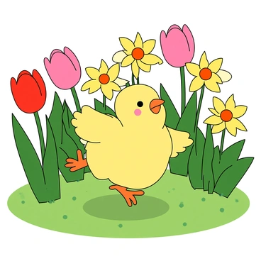 A small, playful yellow chick with fluffy feathers is hopping energetically through a vibrant garden. The garden is filled with blooming tulips in various colors, including red, pink, and yellow, alongside cheerful daffodils with bright yellow petals. The chick has expressive eyes and is in mid-hop, with one foot raised and its wings slightly spread. The ground is covered in lush green grass, and the sun casts a warm light, highlighting the colorful flowers surrounding the chick.