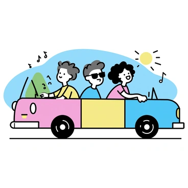 A group of three friends is sitting inside a vibrant, multicolored car, which has its windows rolled down. One friend in the driver's seat has short brown hair and is wearing sunglasses. The passenger in the front seat has curly black hair and is laughing, while two friends in the back seat are also smiling and enjoying the moment. Bright sunlight shines down on them, and musical notes are depicted around the car to represent the music playing. The background features a clear blue sky and hints of green trees in the distance.