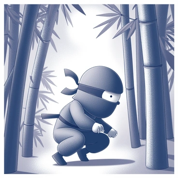 A cartoon ninja character, designed in a whimsical style, is depicted in a dynamic pose as it stealthily navigates through a dense bamboo forest. The character wears a traditional ninja outfit, complete with a mask that obscures most of its face, and is crouched low to the ground. Tall bamboo stalks surround the ninja, their leaves rustling gently in the night breeze. A soft moonlight filters through the canopy, casting intricate shadows across the forest floor. The scene captures the tension of the ninja's stealthy movement amidst the towering bamboo.