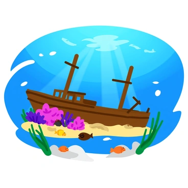 A sunken ship rests quietly at the bottom of a clear blue ocean. The ship is covered in vibrant coral and colorful marine life, with schools of fish swimming nearby. Sunlight filters through the water above, creating shimmering patterns on the sand surrounding the wreck. Seaweed gently sways with the currents, adding a touch of green to the underwater scene. The ship's structure is partially intact, revealing rusted metal and broken masts, giving it an air of mystery.