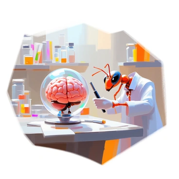 A small ant scientist wearing a tiny lab coat is intently examining a model of an ant brain. The scientist has large, expressive eyes and antennae that extend upward. The lab is filled with various scientific tools and equipment suitable for an ant-sized researcher, including a magnifying glass and petri dishes. The ant brain model is positioned on a small workbench in front of the scientist, who is closely studying its intricate details. The background includes shelves filled with tiny books and jars, adding to the atmosphere of a bustling laboratory.
