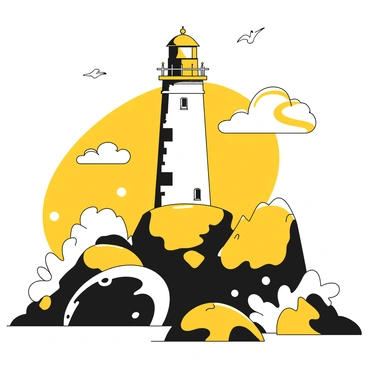 A tall lighthouse with a white exterior stands firmly on a rugged black rocky outcrop. The lighthouse has a circular structure with a lantern room at the top, surrounded by a railing. Below, large waves crash against the rocks, sending up sprays of white foam. The sky above is filled with fluffy clouds that cast shadows on the landscape. Seagulls fly around the lighthouse, adding a sense of movement to the scene.