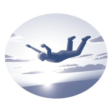 A skydiver in free fall, with arms and legs extended, creating a distinctive silhouette against the backdrop of a sunset. The horizon is visible, characterized by a range of gradient shades. The sky displays intricate patterns of clouds, capturing a dynamic scene as the sun descends. The overall composition focuses on the interplay between the skydiver and the horizon, emphasizing the vastness of the atmosphere.