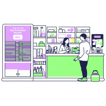 The interior of an art supply store features organized shelves filled with various art materials. On the left side, there is a dedicated section for "1/8 illustration boards" with multiple stacks of the boards neatly arranged. Each stack displays different sizes of boards, clearly labeled. Adjacent to this section, colorful packs of markers and paints are visible, creating a vibrant display. In the background, a checkout counter is seen, with a cash register and a friendly store clerk attending to a customer. The floor is polished wood, contributing to the inviting atmosphere of the store.