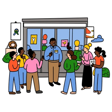 A tour bus driver with light skin and short black hair is standing outside a modern art gallery, engaging a small group of tourists. He is wearing a blue uniform shirt and khaki pants. The gallery's entrance features large glass doors and colorful contemporary art pieces displayed in the windows. The tourists, a diverse group of individuals, are listening attentively, some taking notes, while others are looking curiously at the artwork. Various abstract sculptures and paintings are visible in the background, contributing to the vibrant atmosphere of the scene.