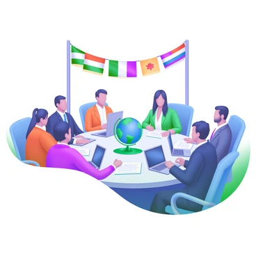 A modern pastel illustration depicting delegates from various countries sitting around a round table. Each delegate is dressed in formal attire representing their respective countries, with expressions of focus and engagement. Above the table, colorful flags from different nations hang, creating a vibrant backdrop. Various documents and laptops are placed on the table, and a globe is positioned at the center, symbolizing the theme of peace. The setting is well-lit, emphasizing the seriousness of the discussion taking place.